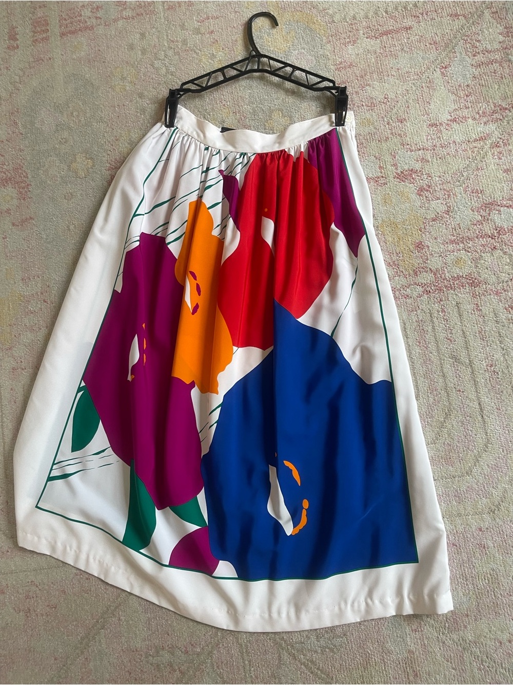 Vintage White Midi Skirt with Bold Blue, Red, Purple and Orange Floral Panels